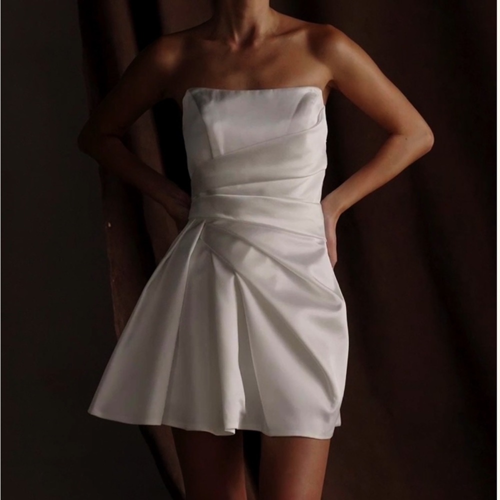 Meshki Satin White Pleated Peplum Mini Dress